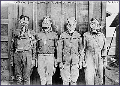 World War I gas masks from (left to right) American, British, French and German.