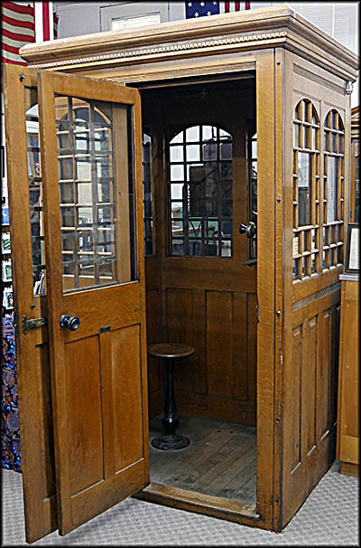 This 1901 wooden telephone booth, double-walled for privacy-was once in the Forbes General Store.