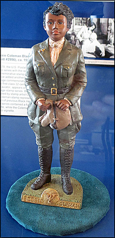 International Women’s Air and Space Museum This figurine of Bessie Coleman was designed by sculptor Miss Martha (Martha Holcombe Root).