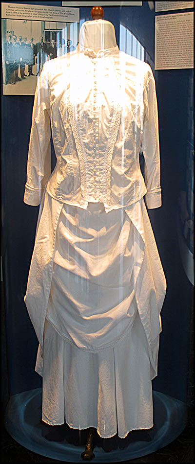 International Women’s Air and Space Museum The dress on display that Katharine Wright wore is replica of the original created by high school student Jessica Syme for 4-H. The museum has the original but can no longer display it because it’s been damaged by light pollution and further exposure might me the end of this priceless artifact.