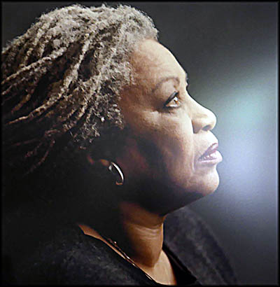 Lorain Historical Society  Closeup photo of Toni Morrison hanging on one of the museum's walls.