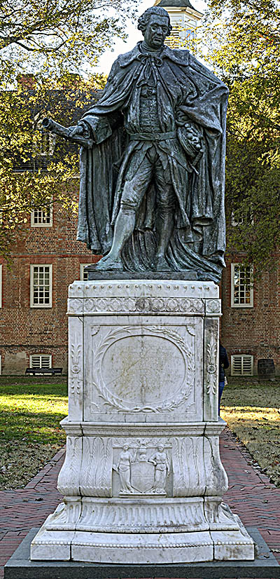 A statue of Lord Botetort, which has moved several times â€” on and off the campus â€”  at the College of William & Mary in Williamsburg, Virginia.  Norborne Berkeley, 4th Baron Botetourt was governor of the Virginia Colony from 1768 to 1770.  Founded in 1693 via letters issued by Englandâ€™s King William III and Queen Mary II, William & Mary is the second-oldest institution of higher education in the United States, after Harvard University.
