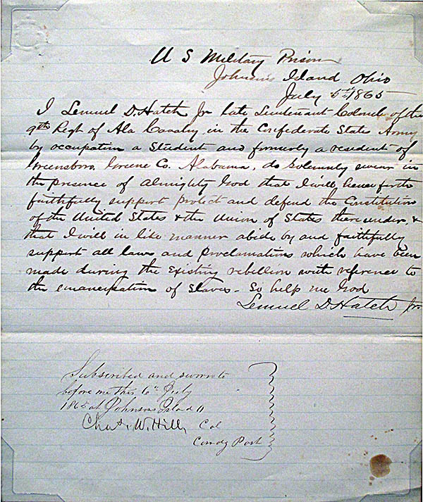 Maritime Museum of Sandusky Written oath by from Johnson’s Island prison camp by Colonel Chas. Wittill pledging allegiance to the United States. This was known as “Swallowing the Eagle” by Confederal prisoners of war.