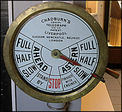 Maritime Museum of Sandusky Telegraphs like this were found on the bridge. They sent a signal down to the engine room to tell the engineer what speed the captain wanted.