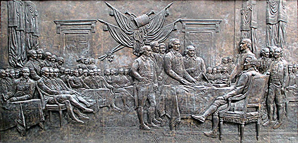Museum of the American Revolution Bronze relief of the signing of the Declaration of Impendence based on the one found in the Rotunda at the U.S. Capitol.